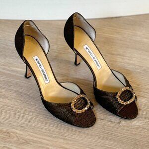 MANOLO BLAHNIK Sedaraby Brown Metallic Fabric D'Orsay Heels - EU 38.5